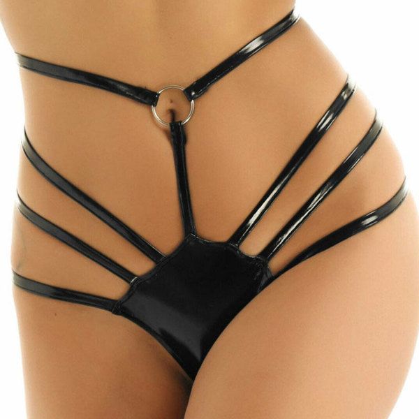 Sexy Patent Leather High Waist Line G-String Thong Panties Criss-Cross Underpants