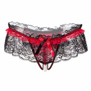 Sexy Crotchless Bowknot Hollow Lace Pearl Massage G-String Thong Pants