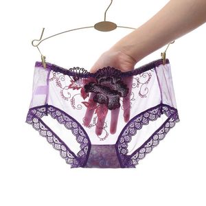 Sexy Flower Embroidered Mesh Transparent Lace Thong Pants