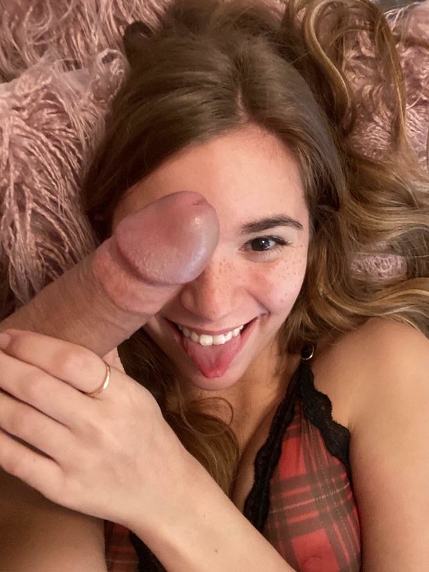 Playful amateur teen brunette with a cock on her face