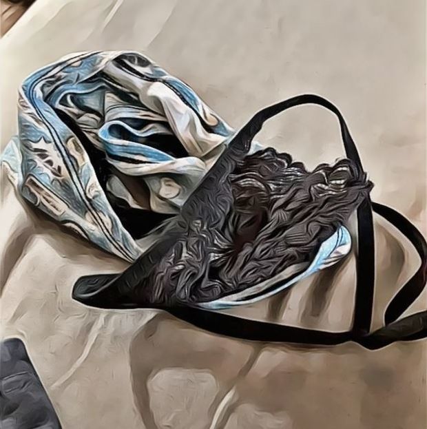 Mandee left these on the bathroom counter after her shower. She can have her shorts back but not her thong it smells too good.