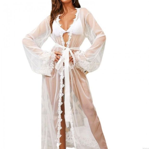 Vêtements de nuit sexy voir à travers maille chemise de nuit robe de mariée en dentelle robe longue maillot de bain couvrir Lingerie Peignoir