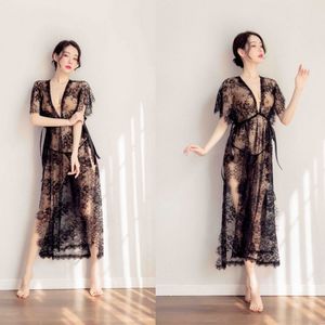 Sexy Black Middle Sleeve Sleepwear See Through Mesh Nightgown Flower Lace Gown Long Dress Slit Lingerie Robe