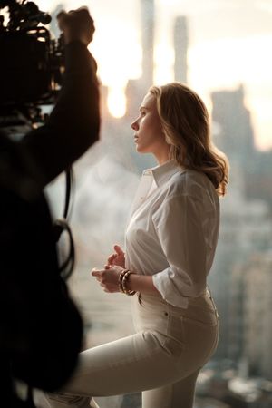 Sexy milf Scarlett Johansson showing off her ass and tits in her tight white outfit