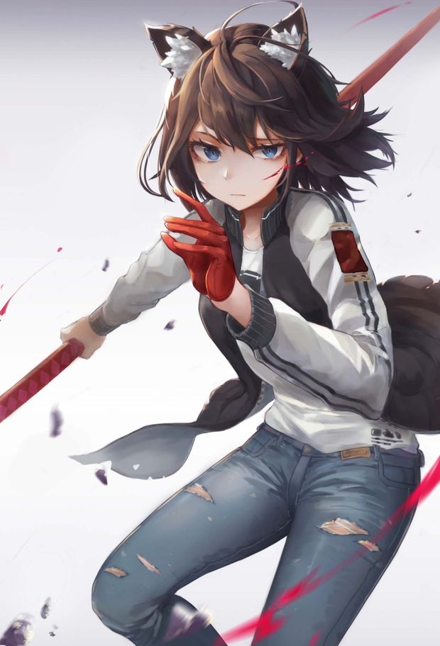 Wolfgirl with spear: Original anime character [digital art by Envysoi]