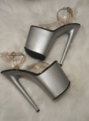 Very high silver pole dance high heels