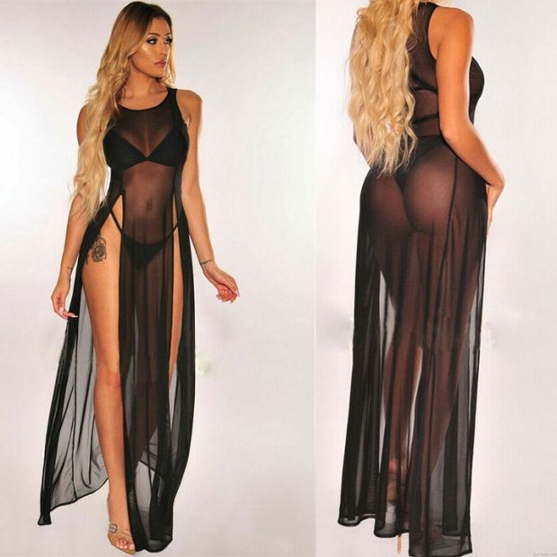 Ropa de dormir sexy Ver a través de camisón de malla Vestido de novia de encaje Vestido largo maxi Vestido con abertura lateral Bata de lencería