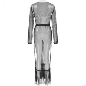 Sexy Dot Long Sleeve Sleepwear See Through Mesh Nightgown For Women Kimono Gown Long Dress Lingerie Robe