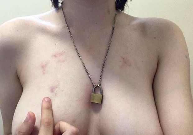 Perfect emo Sky showing off the bruises master gives her...