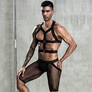 Sexy Elastic Shoulder Harness Strappy Short Mesh Underpants 2 Piece Set Underwear Jockstrap Breathable Gay Bodysuits Lingerie Men's Underwea