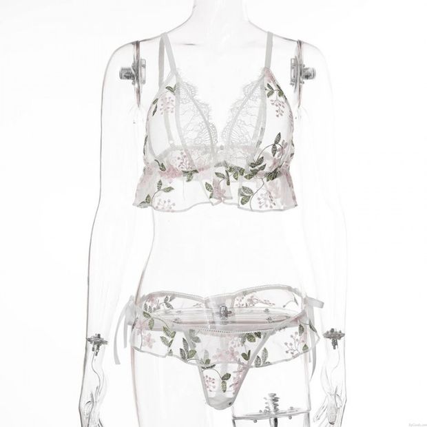 Maille transparente en dentelle sexy Volant Feuille Sangle Soutien-Gorge Culotte Ensemble Sous-vêtements pour femmes Lingerie