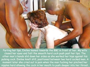 Housewife, Emilee, is A-framed by two BBC in front of her husband