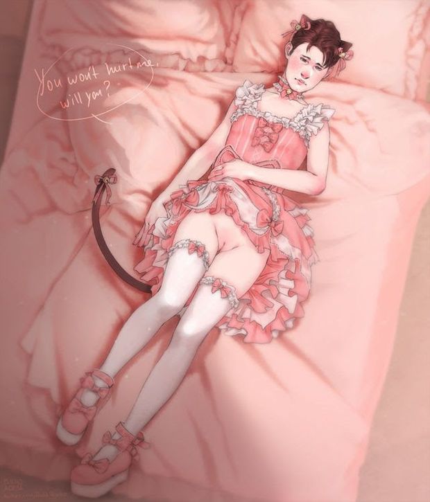 Shy trans catboy in a frilly dress