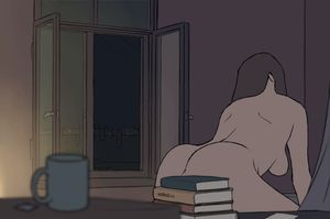 Animation of brunette riding cock while being watched