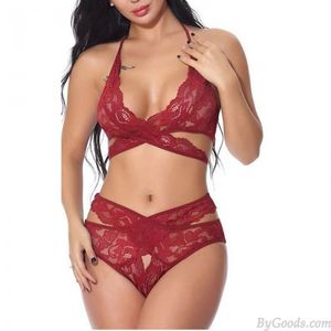 Sexy Criss Cross Flower Lace Mesh Bra Panty 2 Piece Set Underwear For Women Halter Undie Lingerie