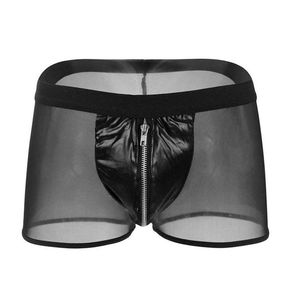 Sexy Faux Leather Splice Mesh Transparent Zippers Boxer Thong Underwear Panties