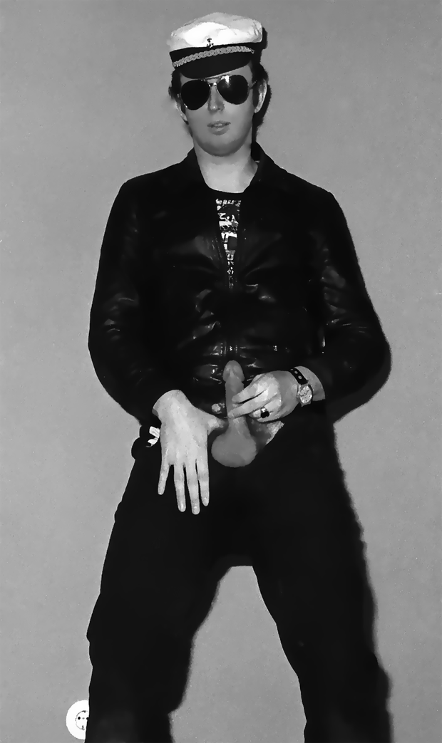 vintage Gayporn Leatherguy shows erected cock