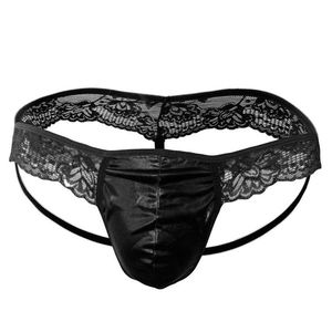 Sexy Lace Splice Faux Leather Thong Briefs Low Rise Breathable Lingerie