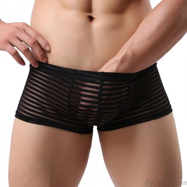 Sexy Breathable Thin Mesh Stripe Thong Boxer Briefs Lingerie For Men Sissy Underwear T-back Underpants