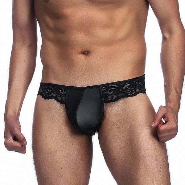 Sexy Black Lace Splice Faux Leather Thong Low Rise Breathable Underwear