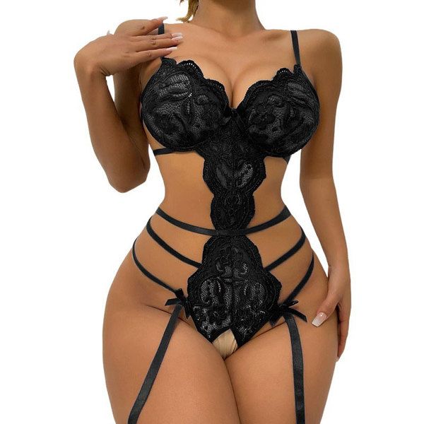 Sexy Lace Bowknot One Piece Strap Bodysuit Garter Belt Teddy Lingerie