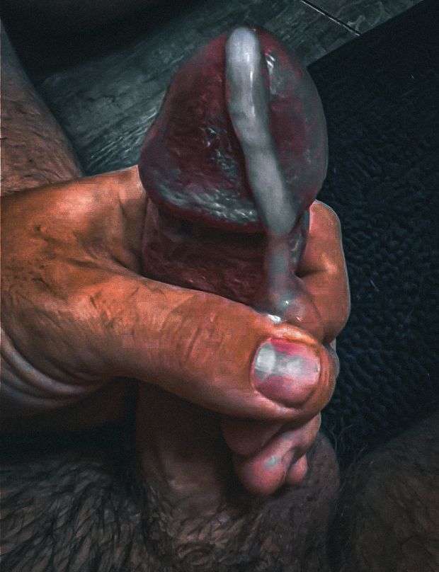 Thick cum flowing from my cock close up