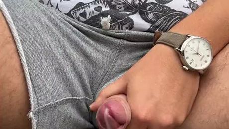 Big cumshot on public bench with people around me