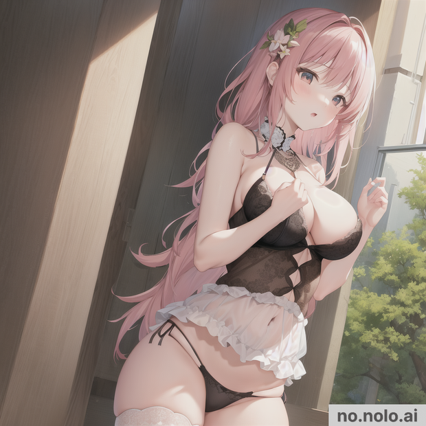 Pink hair cutie in black lingerie