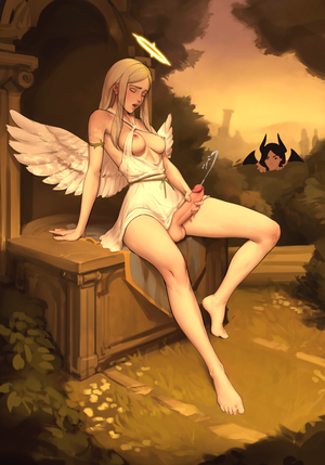 Futa: demon watches a sexy angel unload her big hard cock