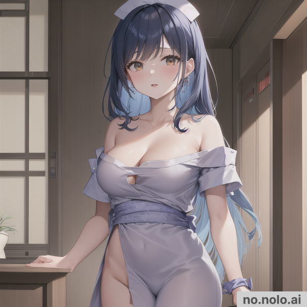 Blue hair nurse in revealing outfit