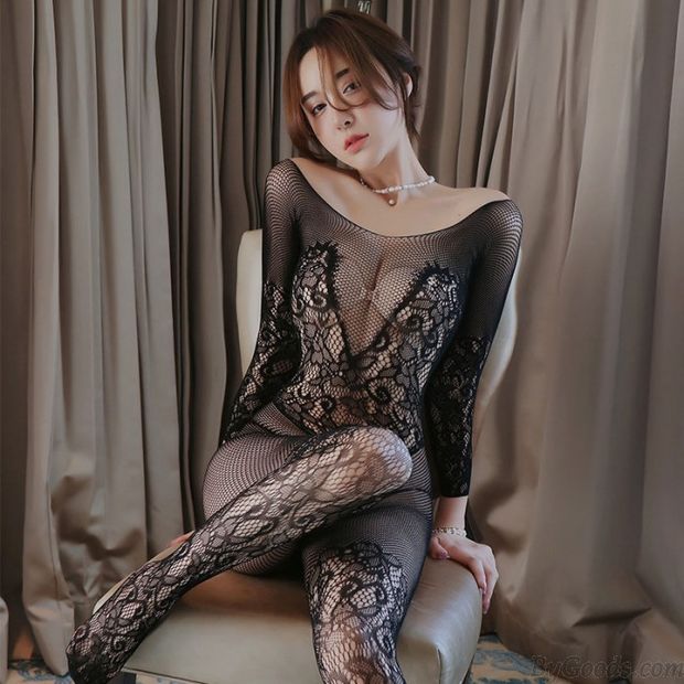 Sexy Flower Lace Fishnet Shoulderless Bodysuit Tights Long Sleeve Lingerie Romper Jumpsuit Crotchless Underwear Bodystocking