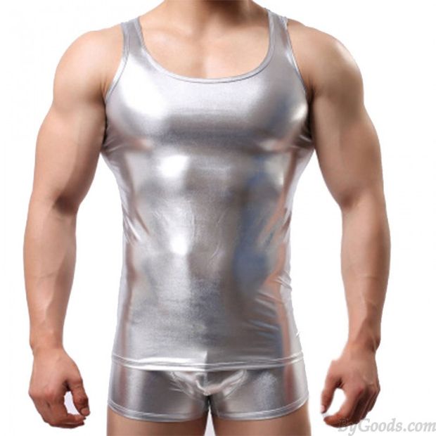 Brillant Faux cuir doux soyeux gilet sous-vêtements emballage en plastique hauts coupe ajustée Fitness sport soutien Pour des hommes Lingerie