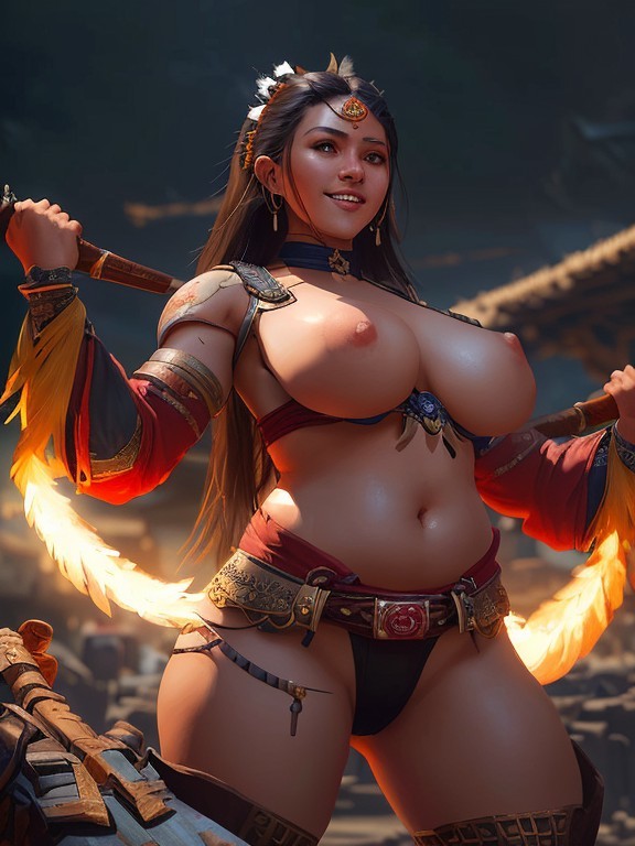 AI generated big tits babe holding fire weapons