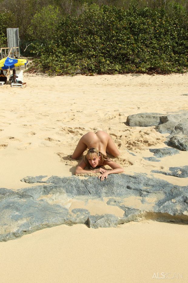 Blue Angel shows her flexibility and vagina on nude beach #9