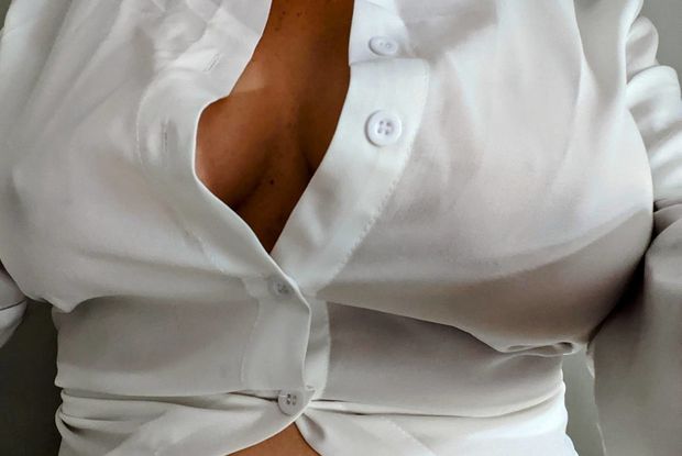 How she likes to go to work sometimes. No bra and bursting out.