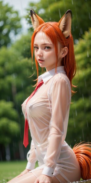 Cute teen fox cosplay with wet shirt