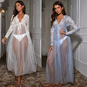 Sexy Mesh Long Sleeve Sleepwear Nightgown Wedding Gown Dress