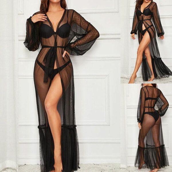 Sexy Sleepwear See Through Mesh Splice Nightgown Gown Long Sleeve Dress Lingerie For Women Robe Nightdress