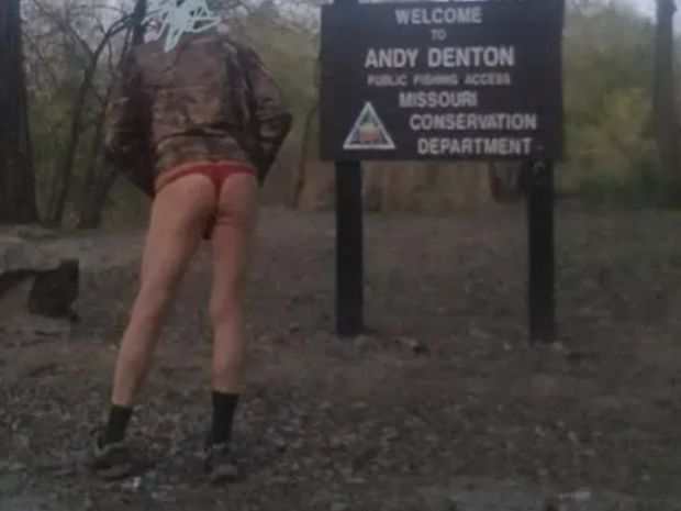 Hiking public fishing hole in red thong. Hoping to get my pole wet.