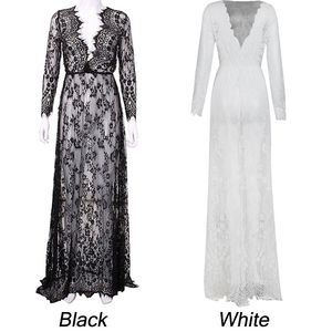 Sexy Deep V Flower Lace Mesh See Through Long Sleeve Babydoll Nightgown Maxi Nightdress Wedding Bathrobe Gown Lingerie Robe