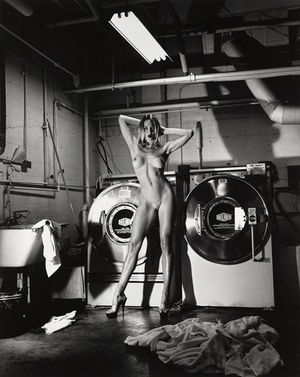 Naked woman standing in a laundry room