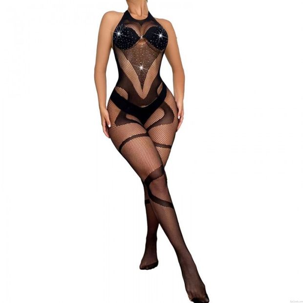 Diamante de imitación brillante sexy red de pesca Osito de peluche Mameluco Mono Ropa interior Medias halter Ropa de dormir Sin espalda Body de mujer Lencería Body