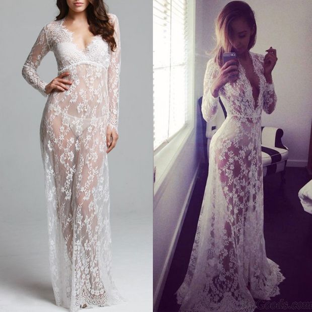Sexy V profunda Flor Cordón Malla Ver a través de Manga larga Babydoll Camisón Maxi Camisón Boda Albornoz Bata Lencería Túnica