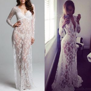Sexy V profond Fleur Dentelle Engrener Voir à travers Manche longue Nuisette Nuisette Maxi chemise de nuit Peignoir de mariage Robe Lingerie Peignoir