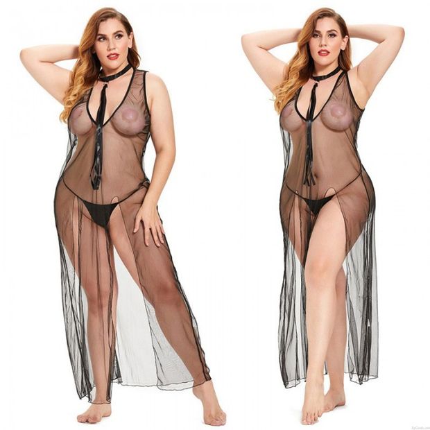 Sexy Plus Size Sheer Thin Mesh Babydoll Nightgown Maxi Nightdress See Through Side Slit Wedding Bathrobe Gown Lingerie Robe