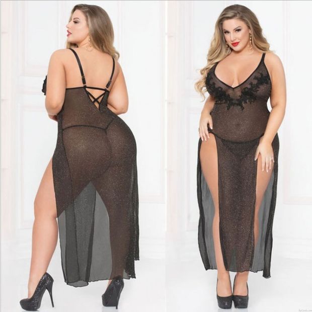 Sexy Übergröße Spitze Gittergewebe Babydoll-Nachthemd Maxi-Nachthemd Hochzeitsbademantel Kleid Durchschauen Seitenschlitz Unterwäsche Kleid