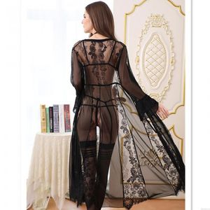 Sujetador de malla de encaje sexy Panty Camisón de manga larga Camisón maxi Bata Conjunto de 3 piezas Mujeres exóticas Lencería