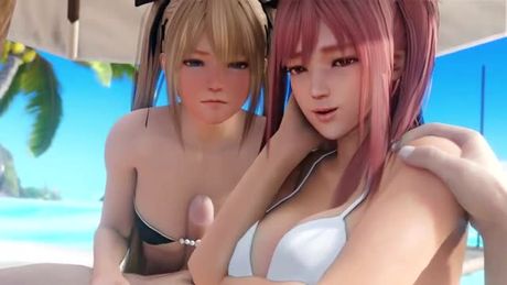 Honoka and Marie Rose taking turns tittyfucking lucky cock