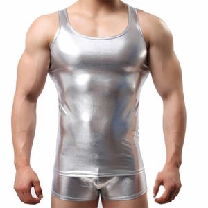 Faux Leather Soft Silky Vest Underwear Packing plastic Tops Slim Fit Fitness Sports Support Men's Lingerie