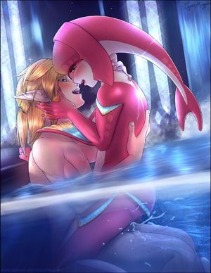 Mipha riding Link's cock for underwater creampie